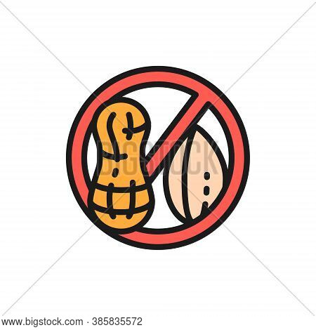 Forbidden Sign With Peanut, Groundnut Free, Nut Allergy Flat Color Line Icon.
