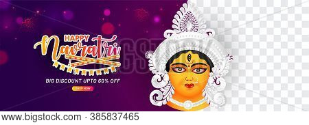 Indian Religion Festival Navratri & Durga Puja Banner, Header Design With Goddess Durga Beautiful Fa