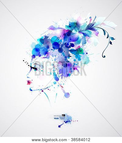 Mulheres bonitas moda com elementos de cabelo e design abstratos azuis