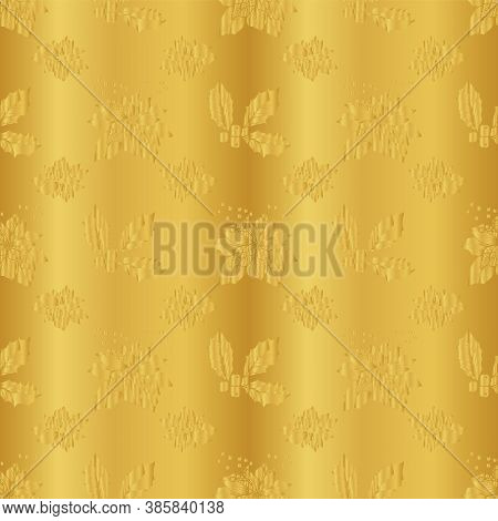 Golden Christmas Pattern With Poinsettia, Holly, Berries. Foil Texture. Hand Drawn Winter Design