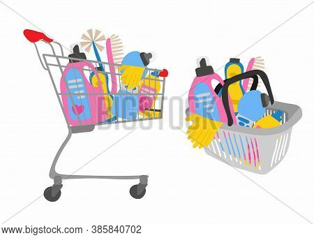 Shopping Trolley And Basket Full Of Cleaning Supplies, Sponge For Washing Dishes And Household Chemi