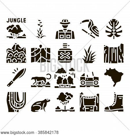 Jungle Tropical Forest Glyph Set Vector. Jungle Tree And Animal, Waterfall And Wood, Flower And Bush