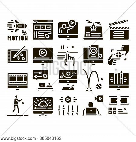 Motion Design Studio Glyph Set Vector. Movie Motion Redactor Programme On Computer Screen And Video 
