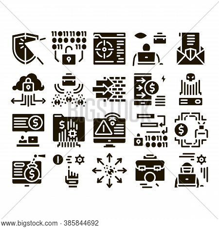 Pentesting Software Glyph Set Vector. Pentesting Programming Code, Cybersecurity Shield, Web Site Pe