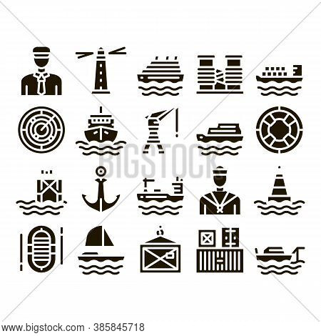 Marine Port Transport Glyph Set Vector Thin Line. Port Dock And Harbor, Lighthouse And Anchor, Capta