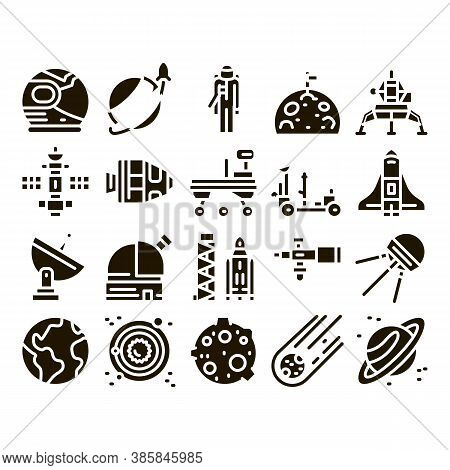 Astronaut Equipment Glyph Set Vector Thin Line. Astronaut Spacesuit And Helmet, Shuttle And Satellit