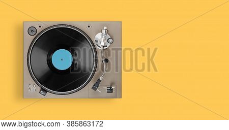 Old Turntable Player With Lp Vinyl Record Top View