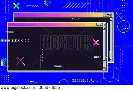 Vaporwave Cyberpunk Glitch Retrofuturistic Background With Opened Windows. User Interface With Neon 