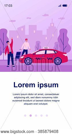 Happy Businessman Taking Taxy. Luggage, Cab, Transport To Airport Flat Vector Illustration. City Tra
