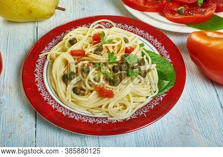 Sicilian Spaghetti Con Pesto Di Capperi