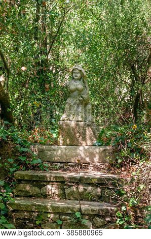 Lluc, Balearic Islands/spain; September 2020: Bronze Sculpture Surrounded By Vine Plants, Located In