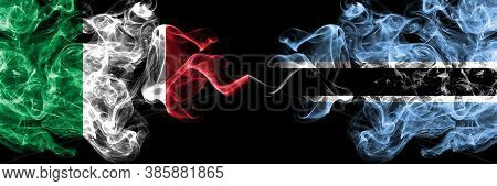 Italy Vs Botswana, Botswanan Smoky Mystic Flags Placed Side By Side. Thick Colored Silky Abstract Sm