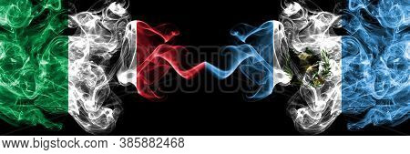 Italy Vs Guatemala, Guatemalan Smoky Mystic Flags Placed Side By Side. Thick Colored Silky Abstract 