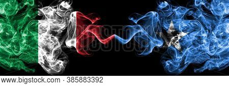 Italy Vs Somalia, Somalian Smoky Mystic Flags Placed Side By Side. Thick Colored Silky Abstract Smok