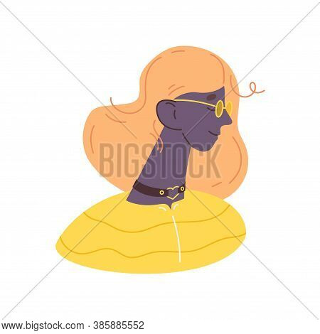 Young Afroamerican Woman Head With Heart Chocker And Yellow Sunglasses. Lovely Character With Closed