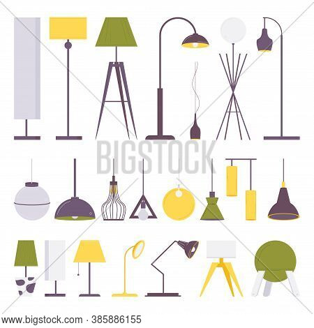Flat Collection Of Various Light Fixtures For Lighting And Interior Design. Torch, Table, Standart C