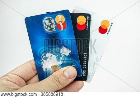 Set Of Mastercard Cards In A Hand. Debit Cards, Money Transfer Concept. Kiev, Ukraine - August, 2020