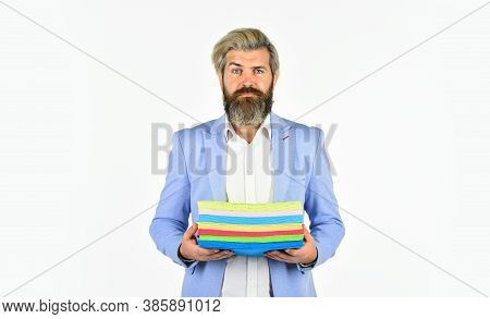 Businessman Hold Felt Rag. Colorful Dust Cloth. Man With Felt Material. Numdah Or Numnah For Handmad