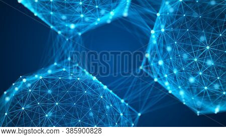 Neural Network Or Modern Molecules Illustration. Abstract Blue Futuristic Data Transfer Background. 