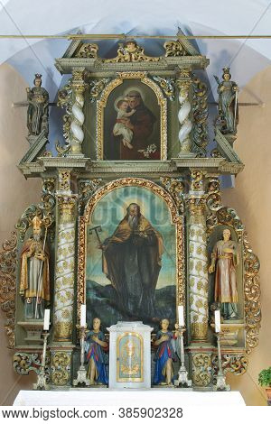 PETROVINA, CROATIA - JULY 22, 2013: Altar of Saint Anthony the Hermit at the Parish Church of Saint Peter in Petrovina, Croatia