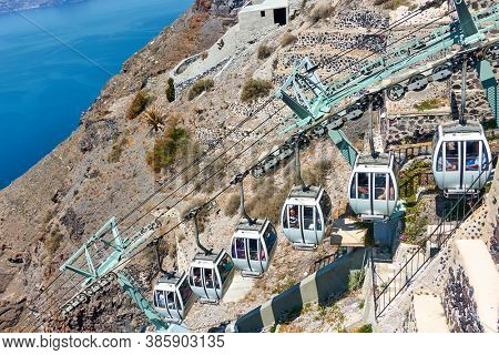 Fira, Santorini Island, Greece - April 25, 2018: Santorini cable car linking Fiira with cruise port
