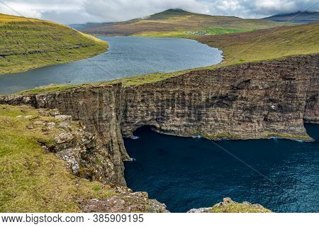 Awesome View Of Sorvagsvatn Lake Over The Cliffs