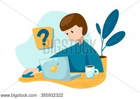 Young Boy With Notebook And Tea Cup At Work Desk. Distant Online Learning Process. Online School Con