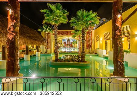 Iberostar Resort, Cancun, Yucatan Peninsula, Mexico, October 31, 2015: Decorative Lobby Pool at Night.