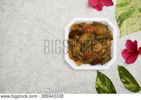 Indian Dish Bhindi Do Pyaza Top View, Ladyfinger Or Okra Home Cooked With Onions, Tomatoes And Masal