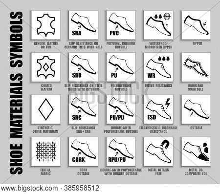 Full Vector Set Of Shoe Packaging Symbols For Footwear Tags. Black Icons Of Leather, Textile, Synthe