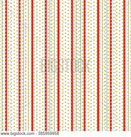 Seamless Vertical Stripe With Gold Polka Dot Pattern For Christmas Background Design.