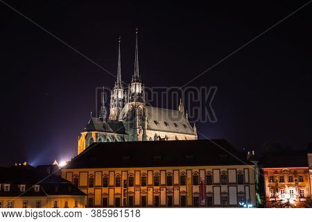 Brno, Czech Republic - September 12 2020: Cathedral Of Peter And Paul In Moravia Illuminated At Nigh