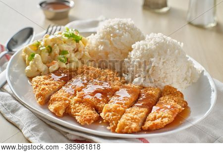 chicken katsu hawaiian bbq plate with gravy and rice