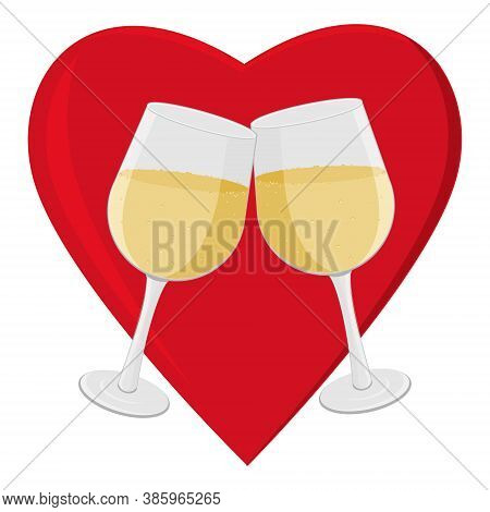 Champagne Glasses On A Heart Background, Color Isolated Vector Illustration In Flect Style, Clipart,