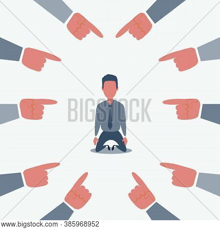 Plenty Of Crop Hands Fingers Pointing At Young Man Feeling Guilty And Being Introvert. Man Character