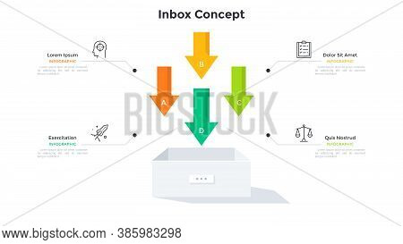 Four Colorful Downwards Pointing Arrows And Box. Concept Of 4 Features Of Inbox Or Incoming Mail. Si