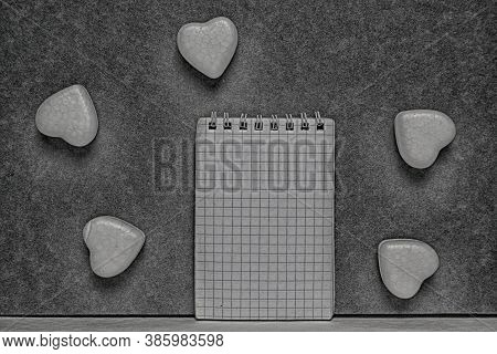 Hearts And Notebook. Mockup. Concept Of Love. Valentine's Day And Wedding Card.3d Illustration