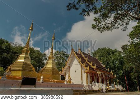 Two Golden Pagodas Or Stupa Mae Sai In Phra That Doi Tung Temple (wat Phra That Doi Tung). Buddhist 