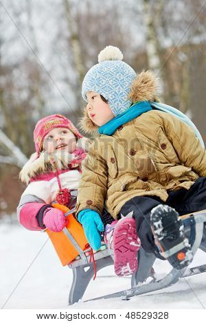 Mijn lieve kinderen zitten in de slee in winter park, focus op eerste kind