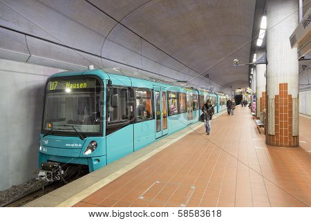 Subway Arrives At Station  Hauptwache And Passengers Leave The Train