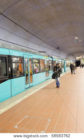 Subway Arrives At Station  Hauptwache And Passengers Leave The Train