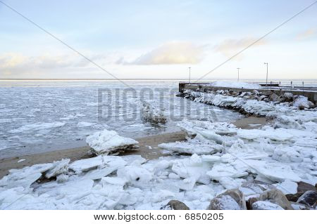 Ice On The Beach And Quay