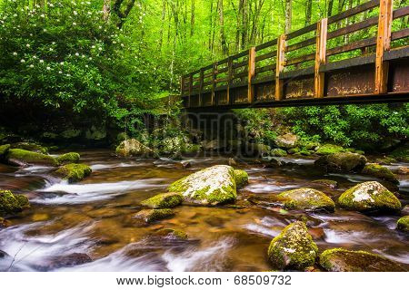 Cascades And Walking Bridge Over The Oconaluftee River, At Great Smoky Mountains National Park, Nort