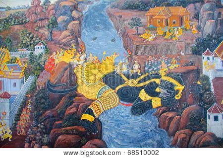 Bangkok, Thailand - July  5: Thai Mural Paintings At Wat Phra Kaew On July 5, Thailand. Scenes Of  R