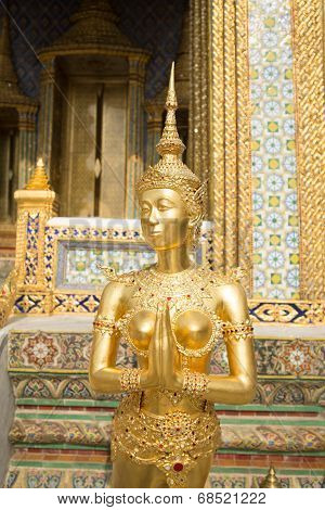Iconic Golden Kinnari Statue In The Grand Palace Bangkok Thailand