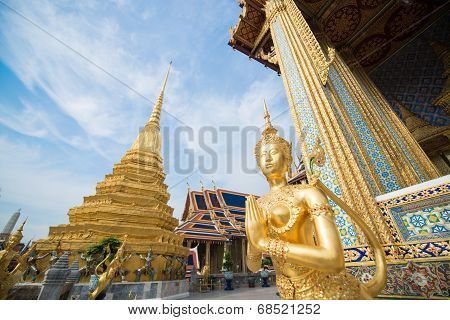 Iconic Golden Kinnari Statue In The Grand Palace Bangkok Thailand