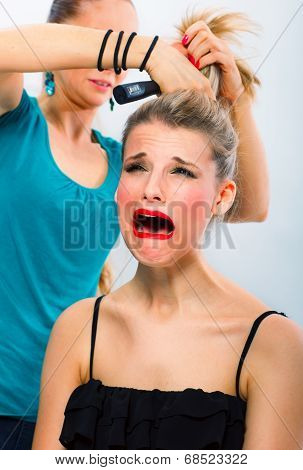 Frightened Woman Unsatisfied With Hairdresser