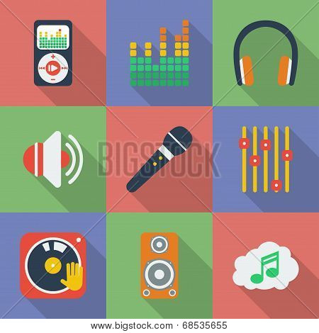 Set of icons of Music theme.  Modern flat style with a long shadow.