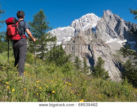 Hiker admiring mountain landscape around Mont Blanc, Courmayer, Italy, Europe.