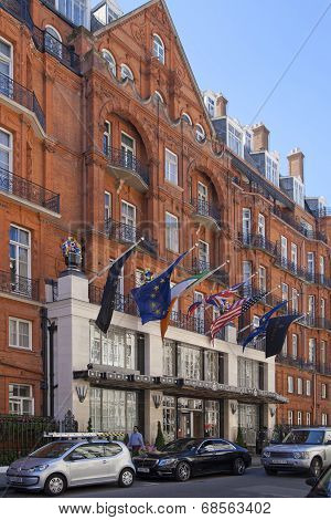LONDON, UK - JUNE 3, 2014: Mayfair, Claridges hotel one of the top London's hotels. British flags on